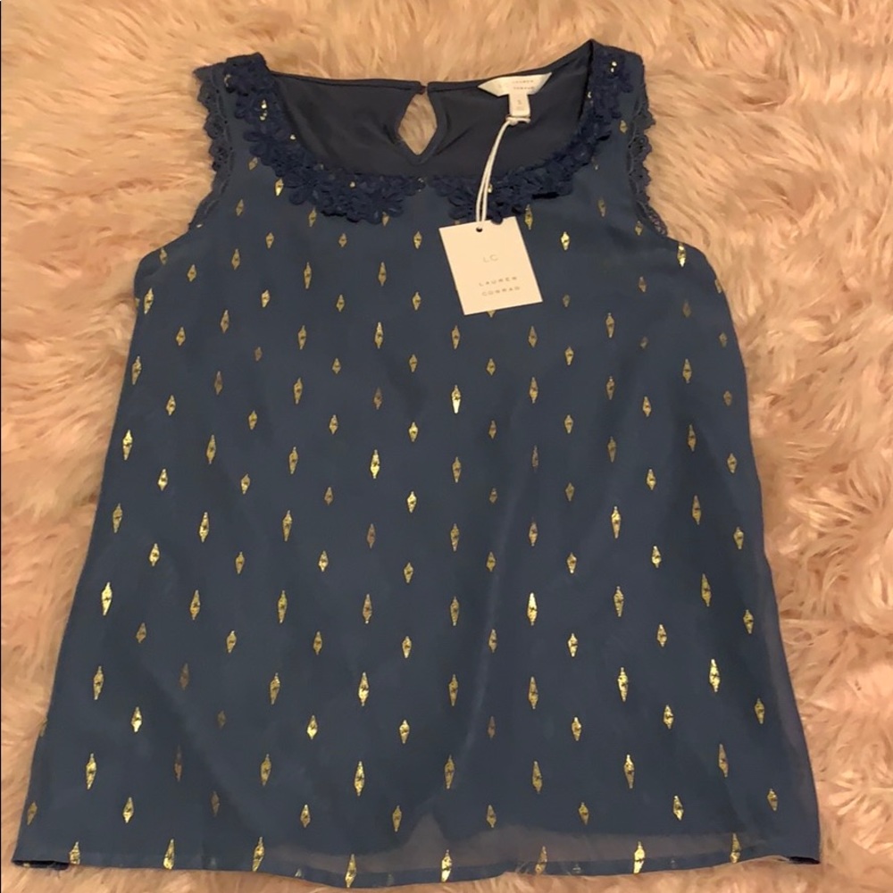 Navy Blue Sleeveless Blouse w/ Fringe Collar